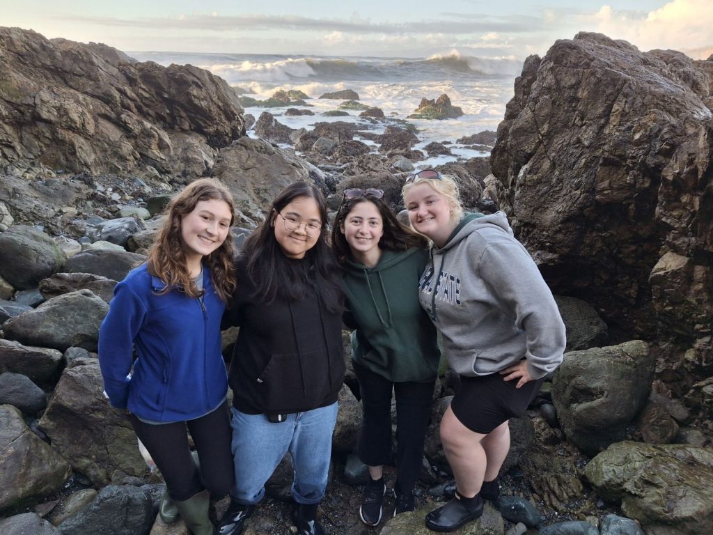 Four members of a high school group stand on the rocks at a tide pool with the ocean behind them.