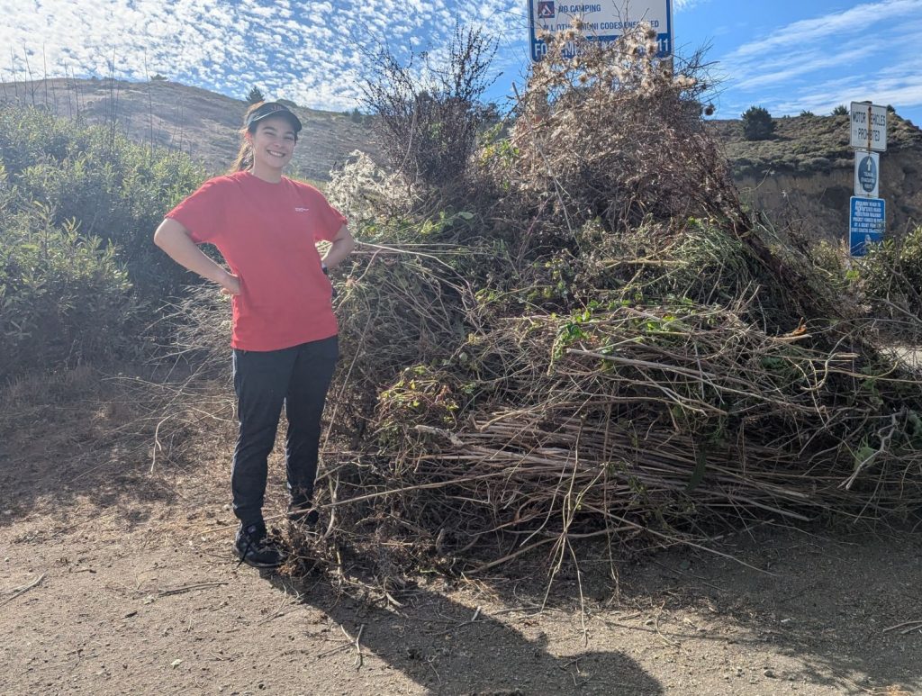 A volunteer next to a pile of green waste at a Pacific Beach Coalition Give Back event