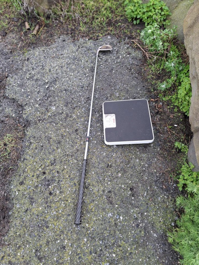 A golf club and a scale found at a beach cleanup event