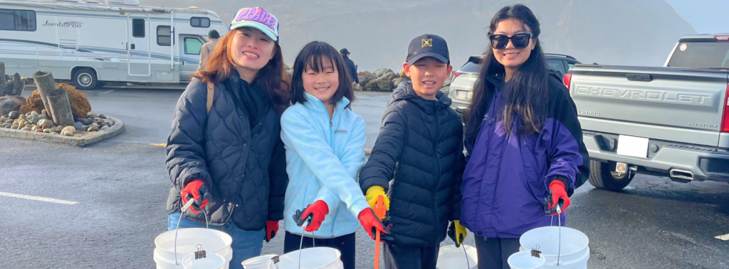 A group of four volunteers get ready for the first 2025 cleanup event with Pacifica Beach Coalition