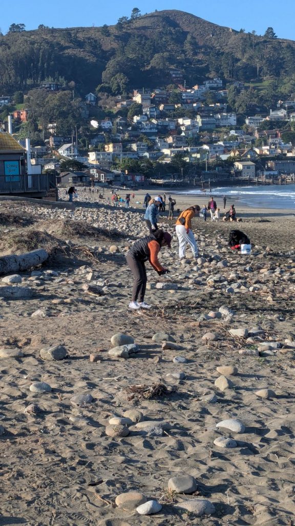 A view of volunteers picking up trash on the beach with Pedro Point in the background